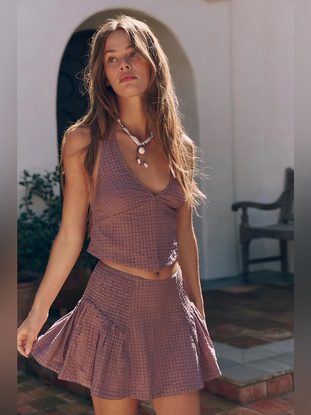 NWOT Free People Drew Pucker Check Skirt Set Mauve Size M Halter Two Piece